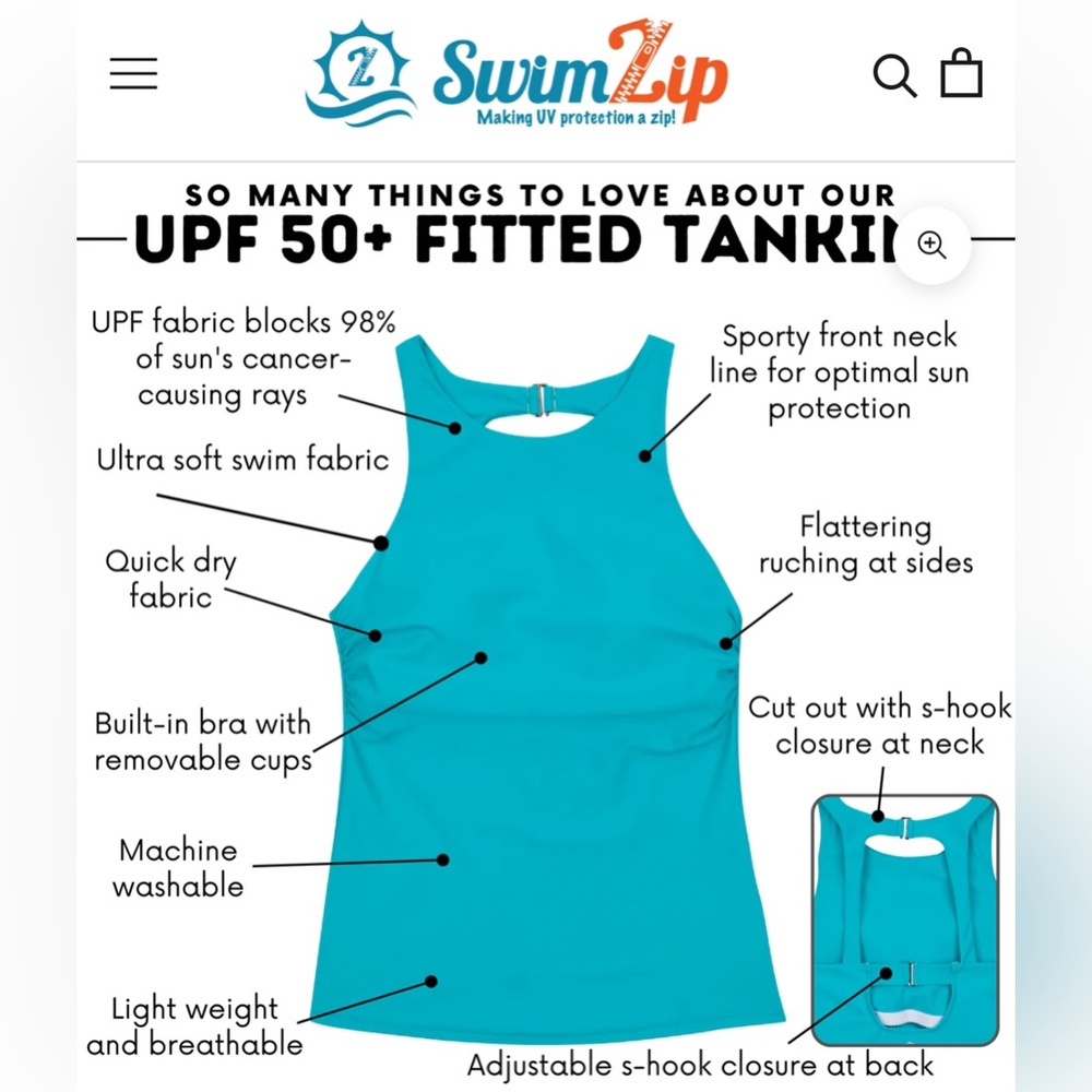 Swim Zip UPF 50+ Women’s High Neck Fitted Tankini Top Scuba Blue Sz 3X - Picture 3 of 7